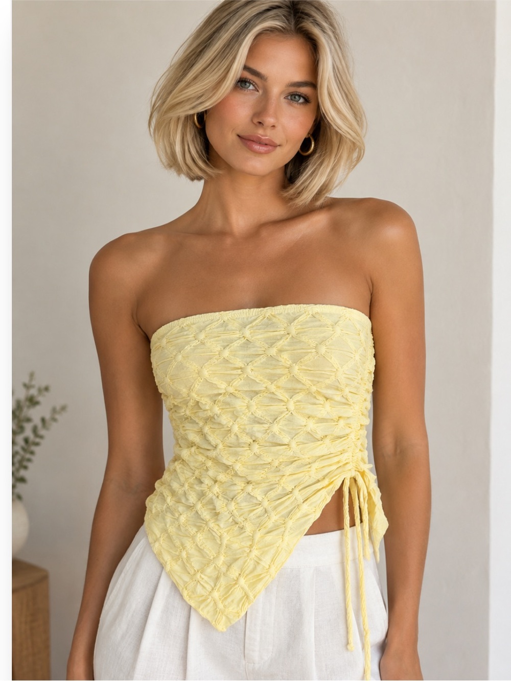See You Monday Pale Yellow Textured Tube Top with Side Tie